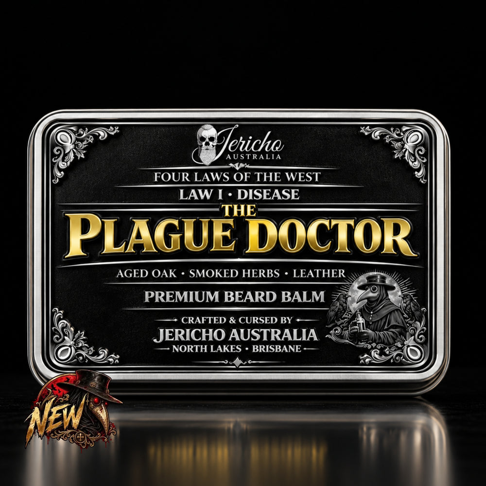 Plague Doctor beard balm in a rectangular tin with ornate black, silver and gold label
