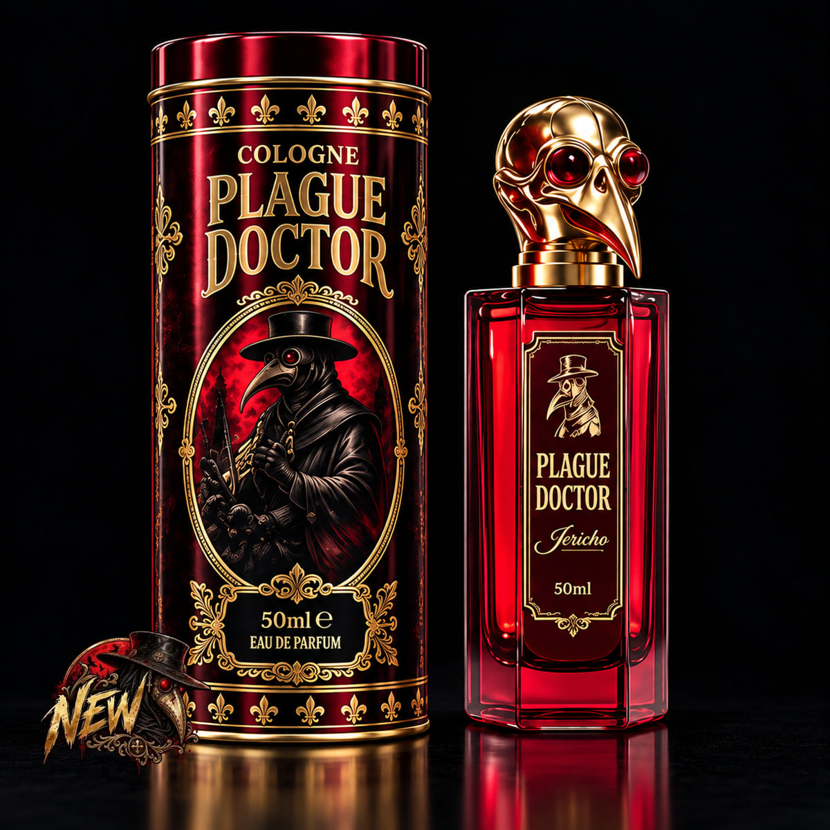 Plague Doctor 50ml cologne with red bottle, gold mask cap and illustrated tube