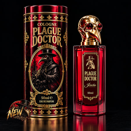 Plague Doctor 50ml cologne with red bottle, gold mask cap and illustrated tube